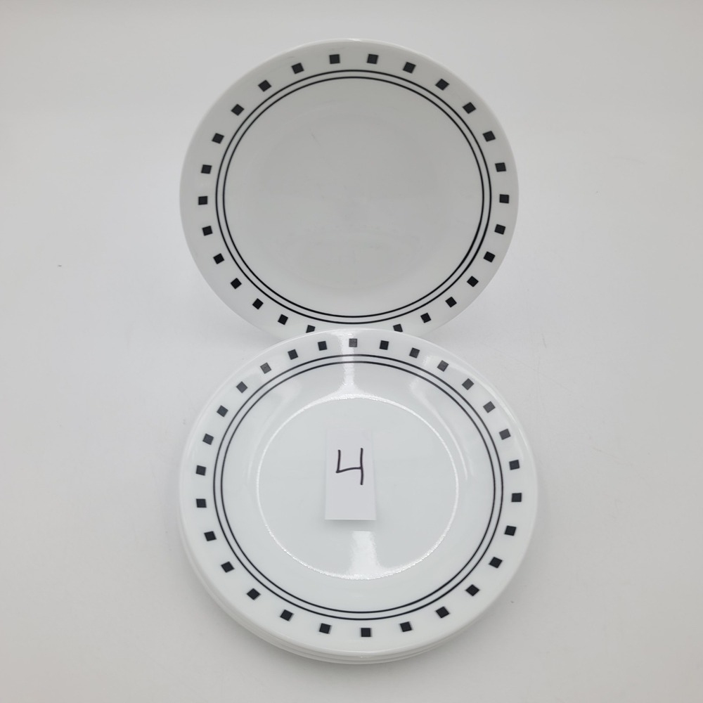 4pc Corelle City Block Bread Butter Plates 6.75 Inch White Black Set Vitrelle